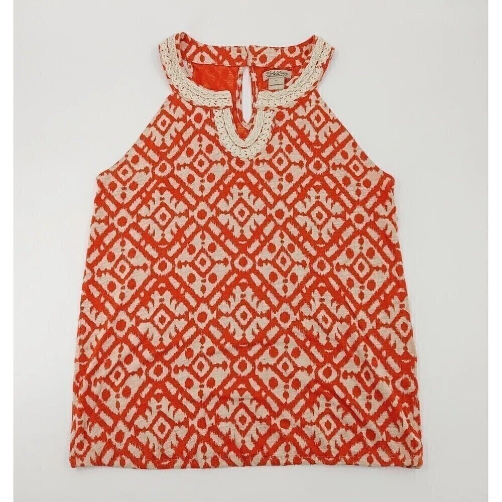Lucky Brand Womens Top Medium Orange Ikat Print Halter Crochet Trim Boho Summer
